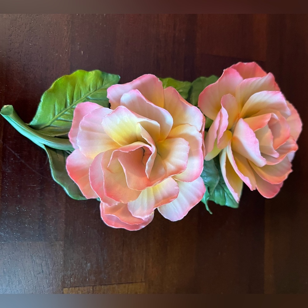 Vintage Capodimonte Fabar Porcelain Pink Roses, Made In Italy.